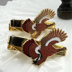 Pheasant Tie Bar Clip Enamel Gold-toned Vintage Bird‎ Hunting Western Set Of 2